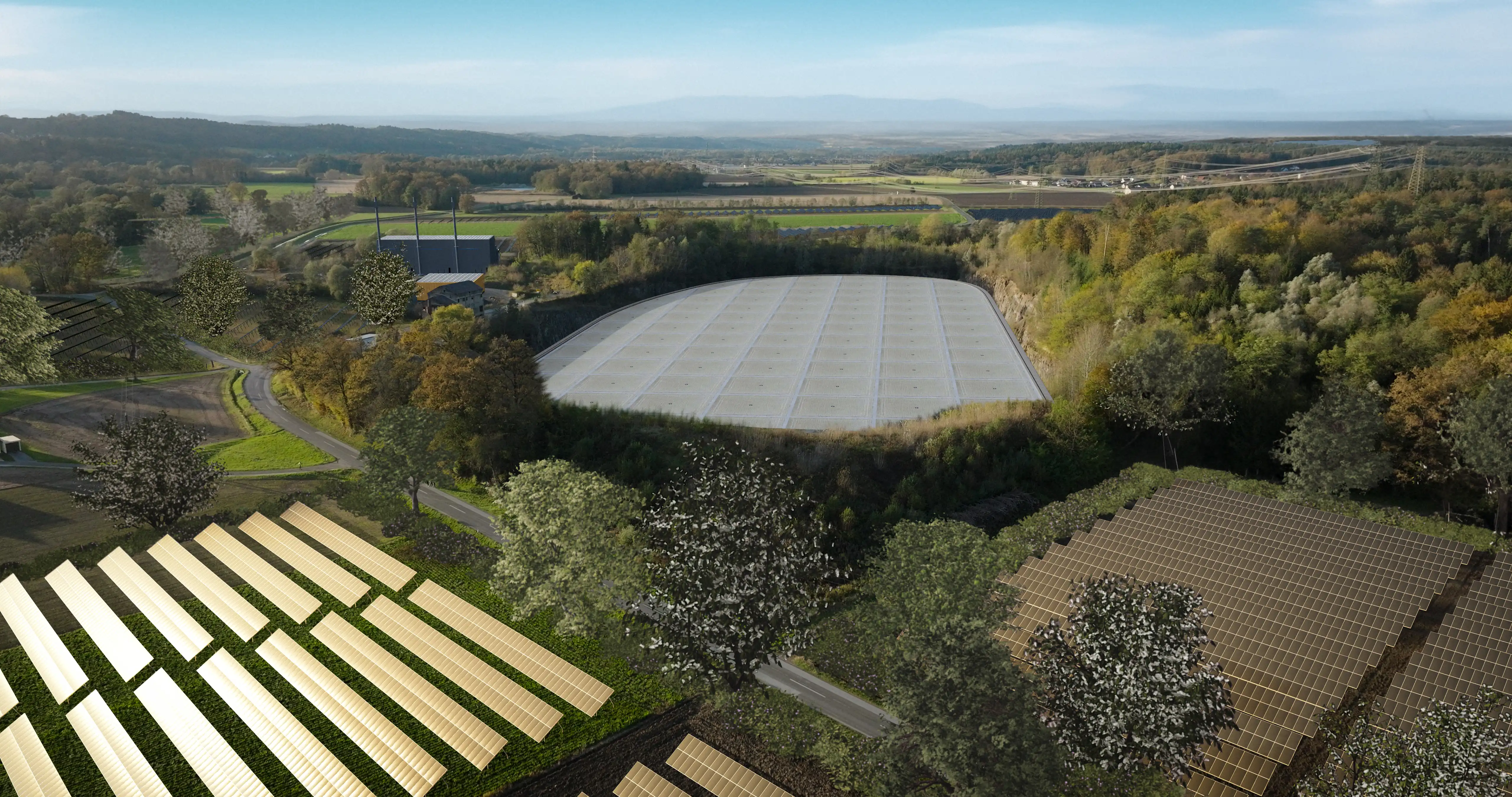 Luftaufnahme des Projektgebiets in Weitendorf mit 3D-Modell des geplanten Wärmespeichers